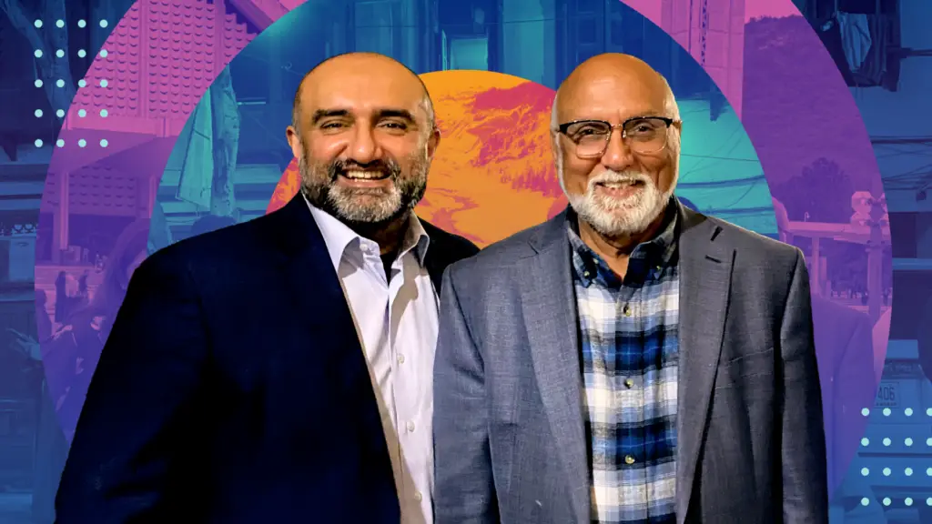 A photo of Phamily CEO Nabeel Kaukab standing next to his father.