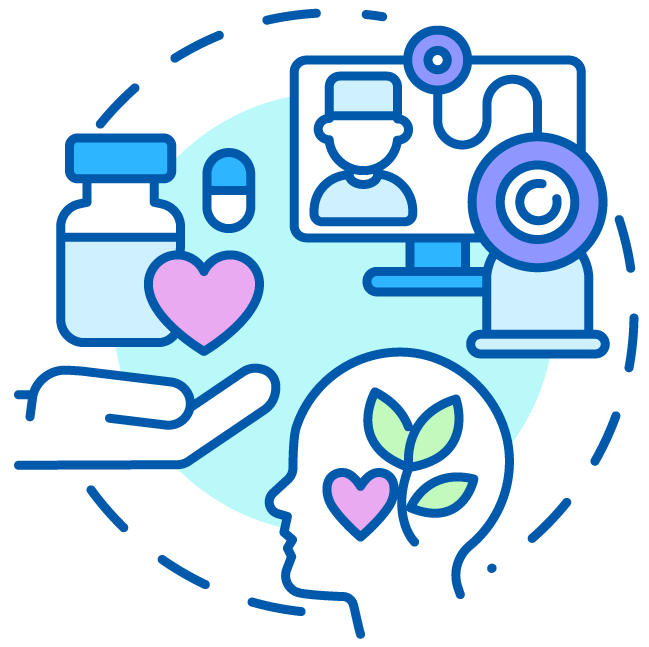 A circle encapsulating various medical services: a pill bottle, a doctor inside a computer screen, and a person with hearts and leaves growing from their head (symbolizing care and growth).