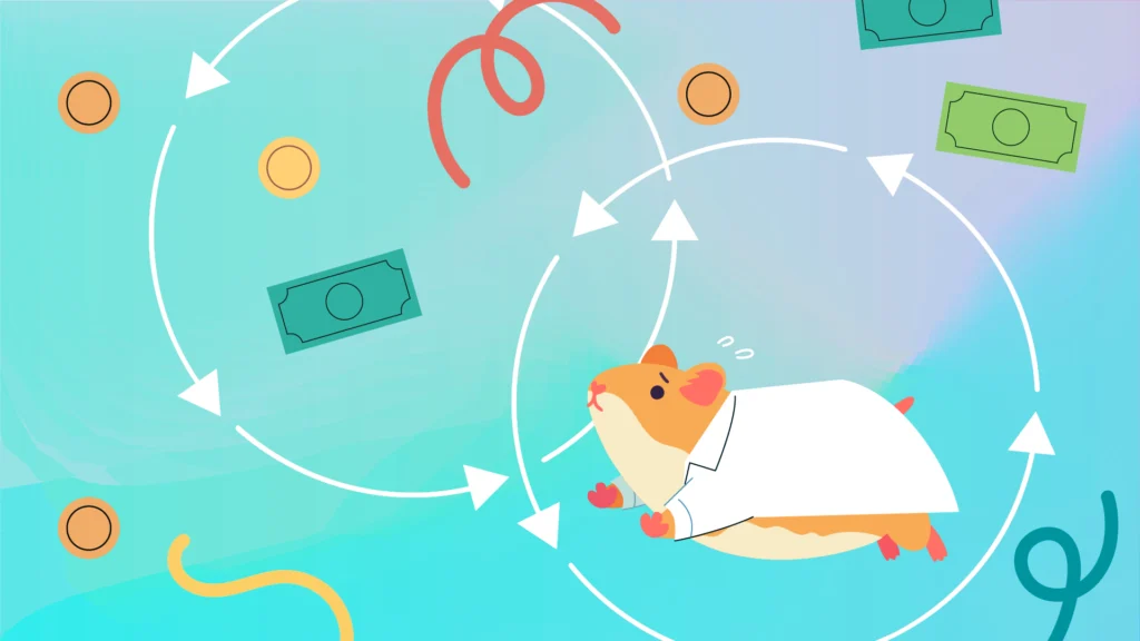 Illustration of a hamster in a labcoat, running on a wheel. It is surrounded by coins and bills.