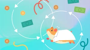 Illustration of a hamster in a labcoat, running on a wheel. It is surrounded by coins and bills.