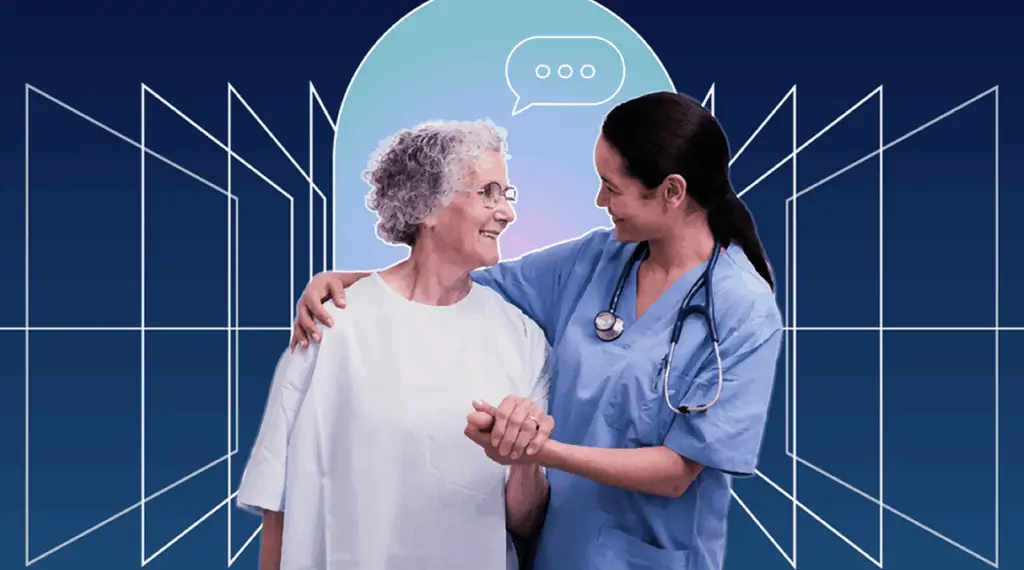 A photo of a nurse guiding a patient against a dark blue background.