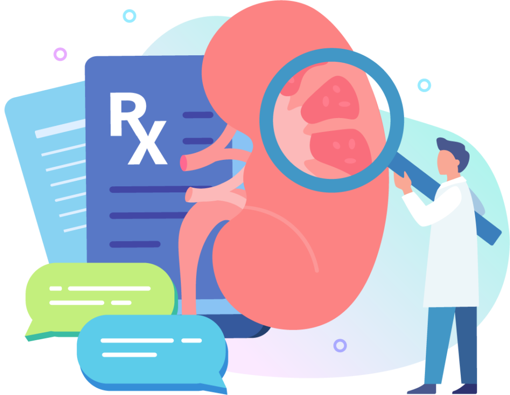 Graphic of a doctor analyzing a kidney, surrounded by message bubbles and prescriptions.