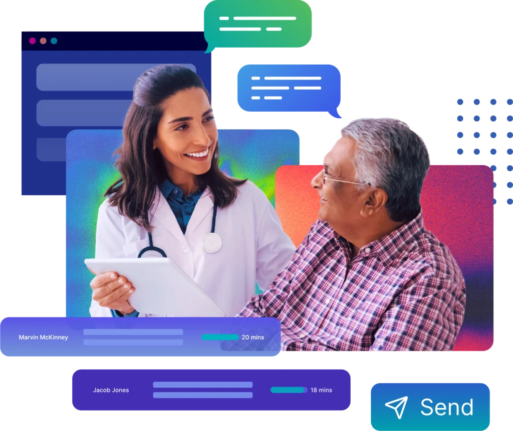 A nurse talking to an elderly patient. They are surrounded by message bubbles and program panels.